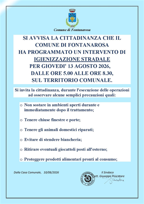 Intervento di igienizzazione stradale del 13 agosto 2026 sul territorio comunale