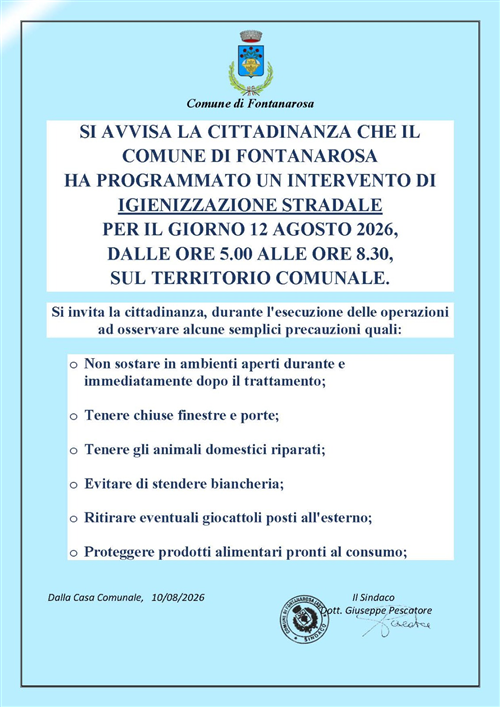Intervento di igienizzazione stradale del 12 agosto 2026 sul territorio comunale